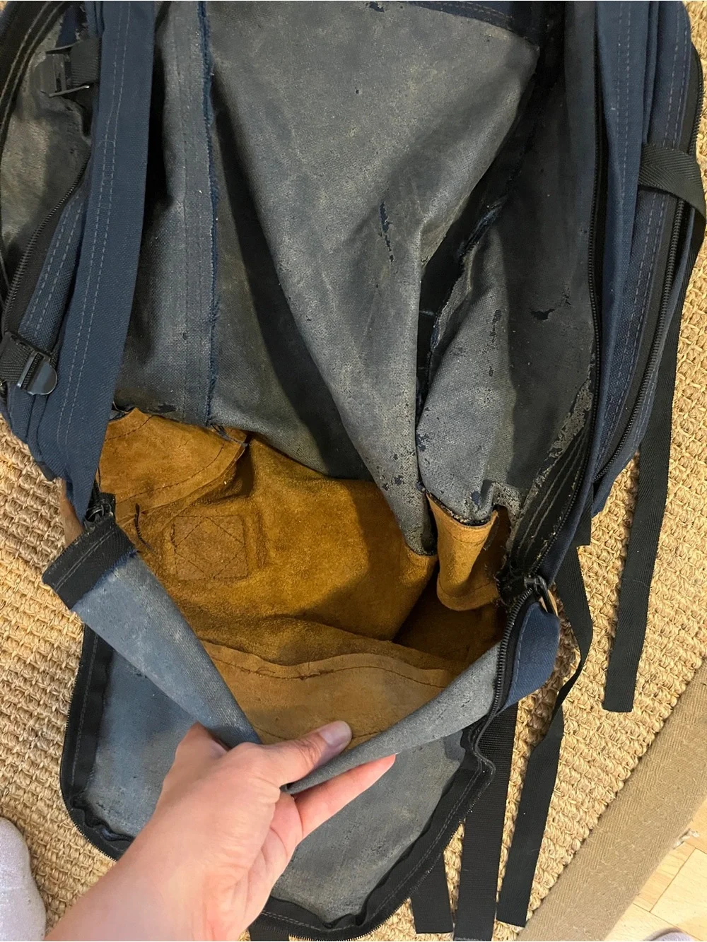 Vintage JanSport Leather Bottom Backpack Blue Made in USA Daypack Hiking Canvas